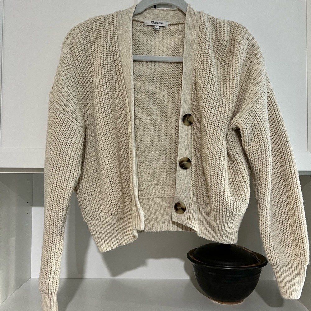 Madewell cropped beige sweater.